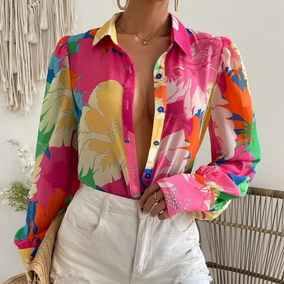 . Tops - Pink Boho Womens Floral Print Puff Sleeve Shirt